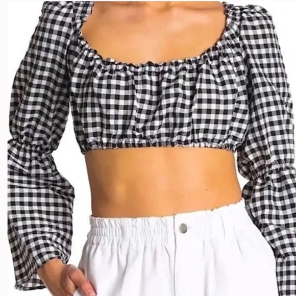 Topshop black and white gingham flute sleeve cropped top size - Picture 13 of 13